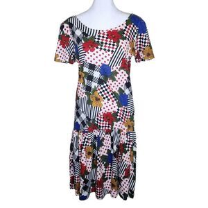 Vintage 90s Does 70s Drop Waist Dress Womens Size M White Multi Patchwork Floral